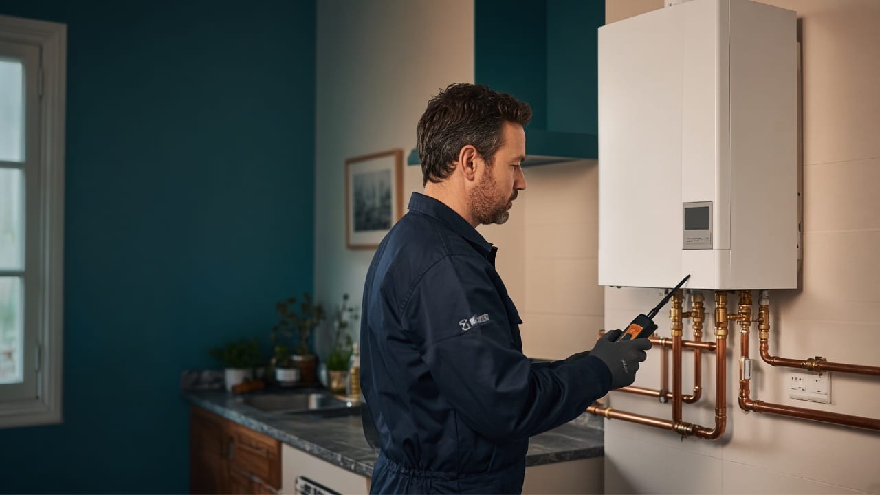 Vérification d’une chaudière gaz et de ses tuyauteries par un technicien