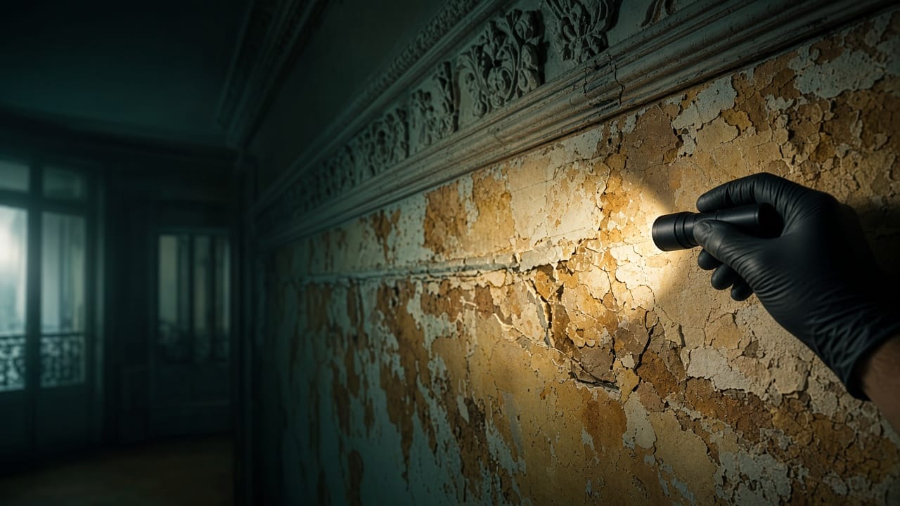 Inspection de peintures anciennes dégradées à la lampe torche