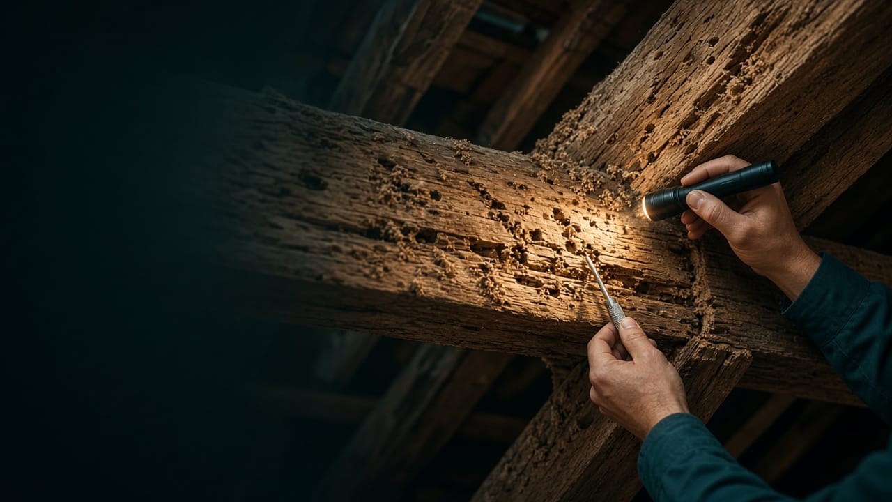 Inspection des poutres en bois d’une charpente à la recherche de termites