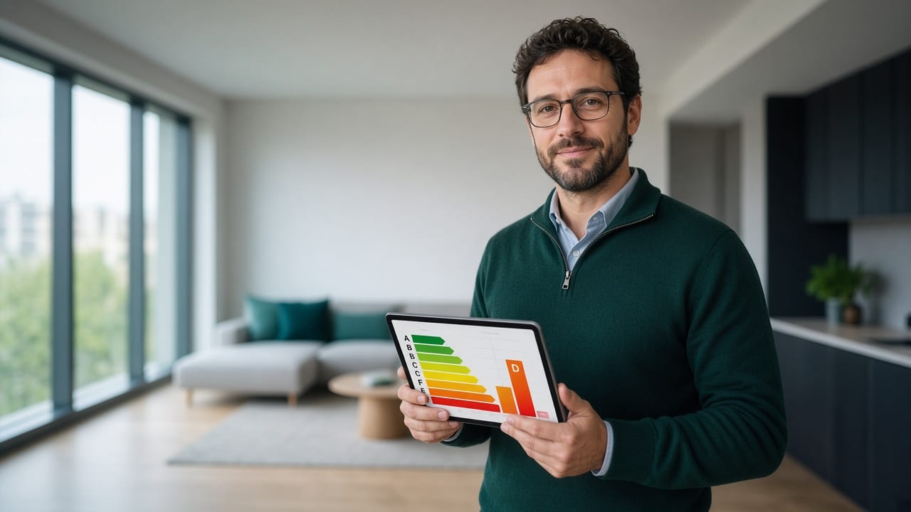 Diagnostiqueur présentant une étiquette de performance énergétique sur tablette