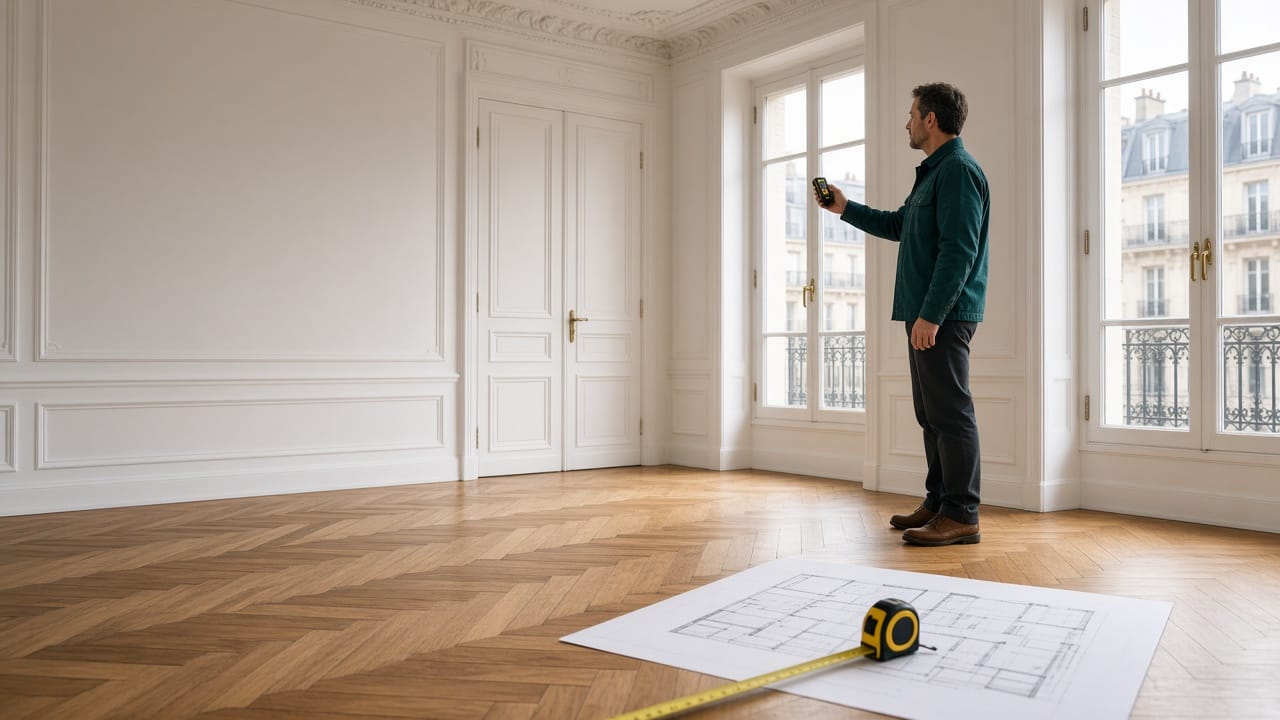 Mesure de la surface habitable au laser dans un appartement haussmannien